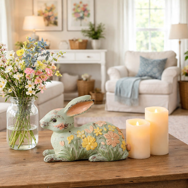 Hand-Painted Floral Meadow Bunny Garden Statue | Indoor/Outdoor